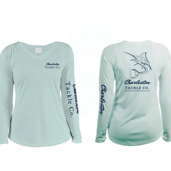 Charleston Tackle Co Long Sleeve PFG Fishing Shirt- Ladies-Vneck or Crew Neck Pearl Grey / Medium