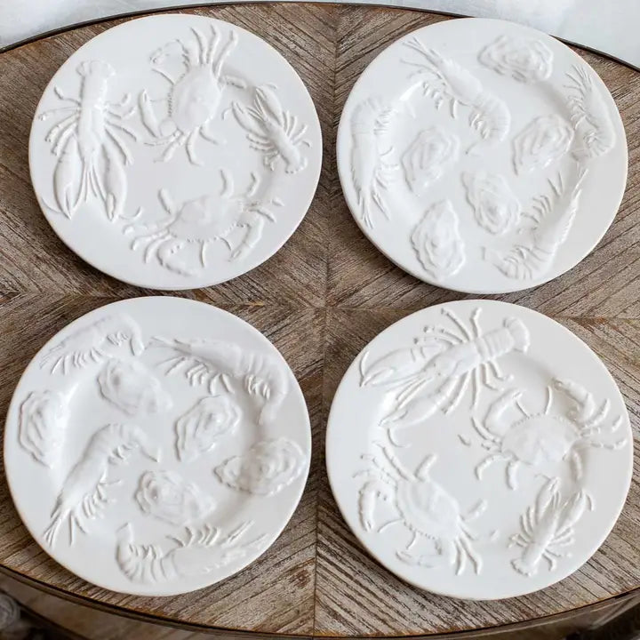 Coastal Seafood Embossed Plates White 8" Set of 4