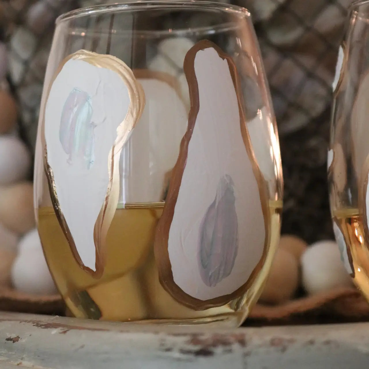 Hand Painted Oyster Stemless Wine Glass